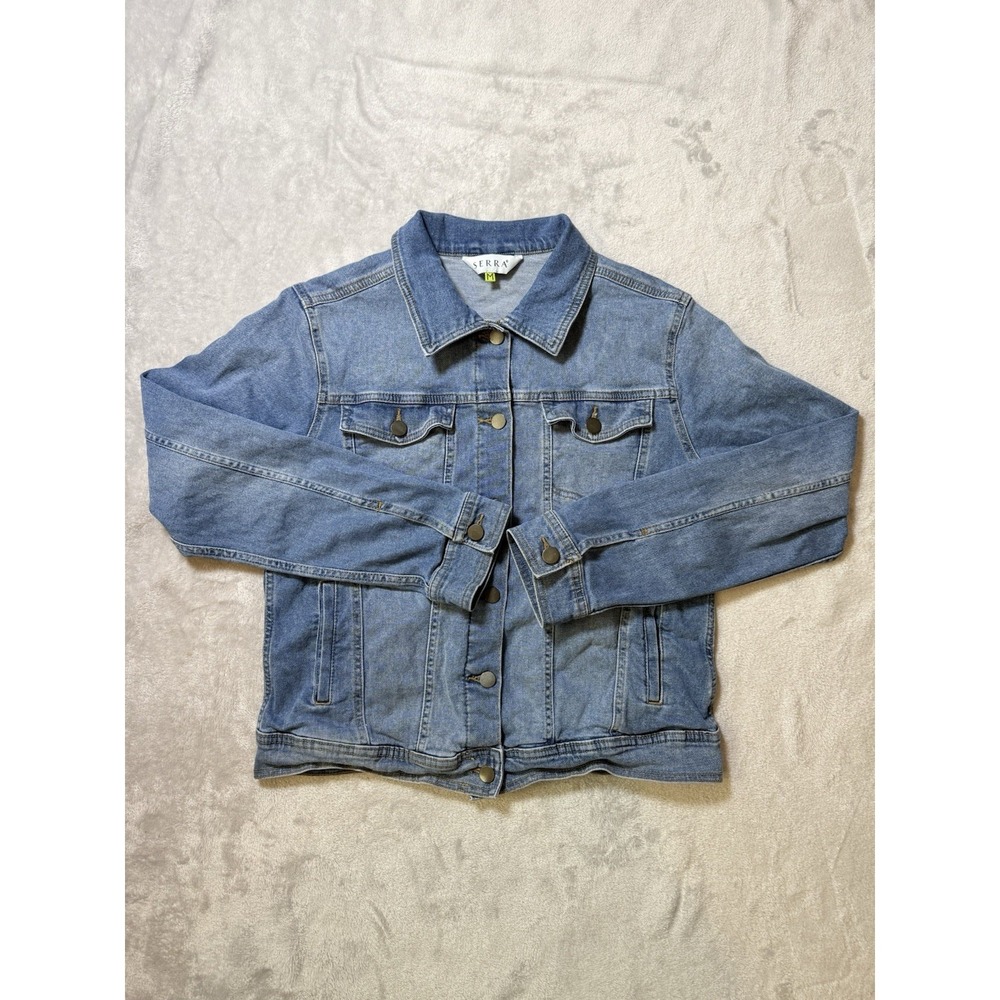 SERRA Women's‎ Blue Button Front Jean Jacket Pockets Long Sleeve Short M